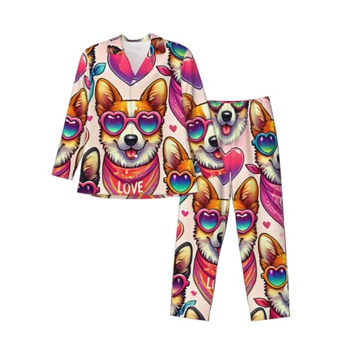 Mens Long Sleeves Pajama Set Colorful Dogs Love Sunglass Cozy Two-Piece Loungewear For Nighttime Comfort,Casual Wear