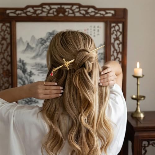 Image of Hair Stick for Bun, Chinese Hair Pin for Elegant Hairstyles, Sword Hair Pin for Weddings and Parties, 2PCS Set with Red Crystals in Golden and Silvery Finish