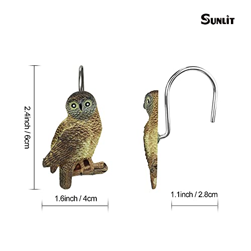 Sunlit Rustic Decorative Shower Curtain Hooks, Brown Owl Animal Shower Curtain Rings, Cabin Shower Curtain Hooks, Resin, Farmhouse Bathroom Decoration - 12 Pack #TOP2