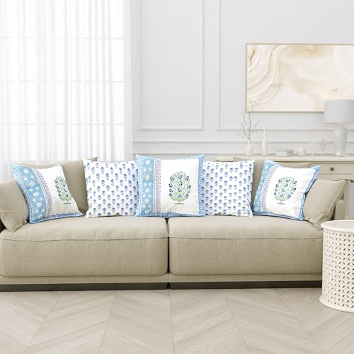 Image of BLOCKS OF INDIA Hand Block Printed Cotton Cushion Cover (16 x 16 inches) (Blue Green Half)