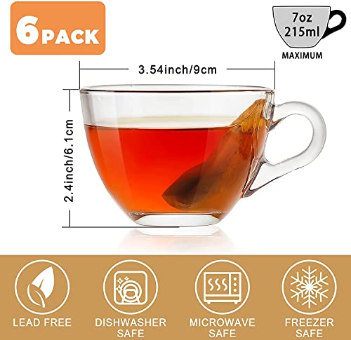 Image of VILON Italian Premium Glass Tea Cup Set | Coffee Mugs with Handle Transparent Drinking Cup for Milk, Cappuccino, Hot Chocolate & Cold Beverages | 210ml | Set of 6 (Round Tea Cup 6)