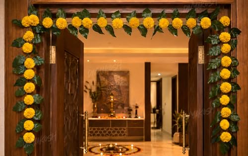 Image of Divyakosh Mango Leaf Vine /Creeper with Marigold Flowers for Door Entrance Decor - 80 Inch Artificial Floral Thoran /Bandarwal /Galrand, Festive Hanging for Diwali Pooja Ganpati Navratri Home