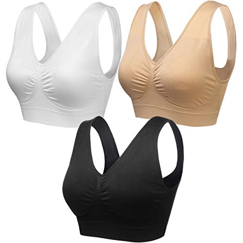wealsex Lot de 1/2/3 Soutiens-Gorge de Sport sans Armature Coton Push Up Brassière sans Couture Très Grande Taille 3XL 4XL 5XL (6XL, Noir Beige Blanc)