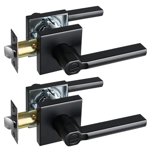 HISAFE Palanca de puerta de privacidad resistente, manija de puerta cuadrada negra mate, cerradura de puerta interior para baño, dormitorio, reversible, derecha e izquierda, paquete de 2