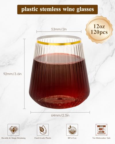 Image of Goodluck 120 Pack 12oz Stemless Ribbed Plastic Wine Glasses Gold Rim | Clear Cups Fancy Reusable Disposable Drinkware for Weddings, Parties, Bars, Indoor and Outdoor Events