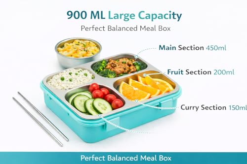 Image of TEC TAVAKKAL 4 Compartment Leak-Proof Lunch Box with Extra Steel Bowl & Lid, 900ML Bento Lunch Box | BPA Free | Includes Spoon, Fork & Chopsticks, Dishwasher Safe, Food Grade Durable Material (Blue)