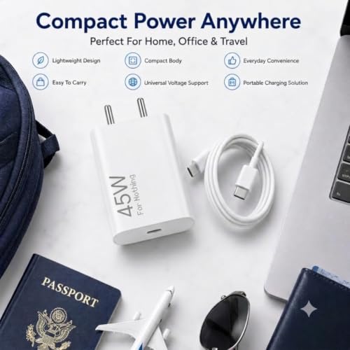 Image of Scalebee 45W PPS GaN Type C Fast Charger Adapter with Cable | Compatible with Nothing Phone 4A / 4A Pro / 3A Pro / 3A Lite / 2A Plus / 2A / Phone 1 / CMF Phone 2, 3 (White)