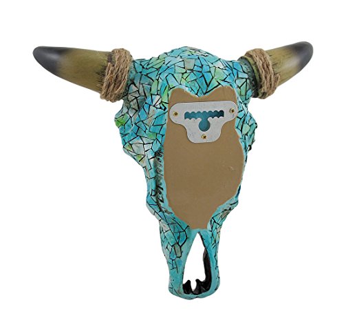 De Leon Collections Mosaic Turquoise Tile Western Cow Bull Steer Skull With Black Horn & Hemp Rope Accent Hanging Wall Décor #TOP2