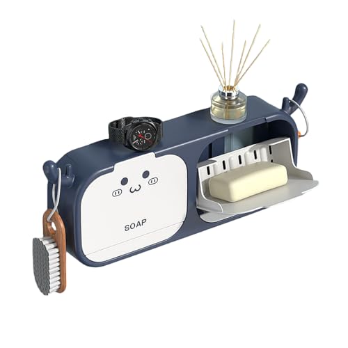 PEFWO Cartoon Soap Holder with Antler Hooks, 2-in-1 Wall Mounted Soap Dish, No Drilling Flip-Top Soap Bar Holder with Self Draining to Keep Soap Bars Dry (Blue)