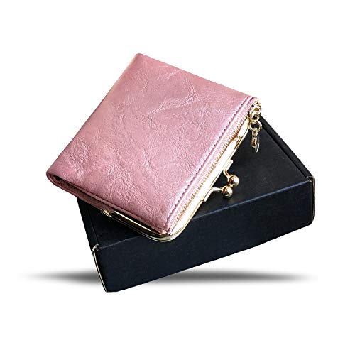 Image of AOXONEL Womens Wallet Small Rfid Ladies Compact Bifold Leather Vintage Coin Purse With Zipper and Kiss Lock, Pink, Small, Vintage