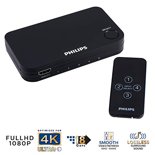 Philips 4 Device Hdmi Switch 4K@60Hz, Wireless Remote, Use With 4K Smart Tv Roku Xbox Ps4 Fire Stick Ps5 Fire Tv Hdmi Switcher 4 In 1 Out Pc, Ultra Hd, Hdcp 2.0, Swv9484B/27 #TOP1