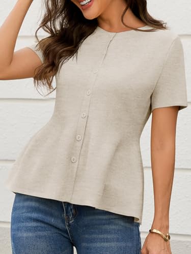 Image of Saodimallsu Womens Short Sleeve Cardigans Ruffle Button Down Crew Neck Peplum Babydoll Knit Sweater Tops