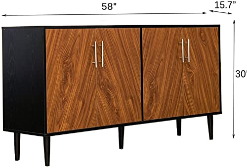 Black Sideboard Buffet Cabinet, 58’’ Buffet Cabinet With Storage, Black Sideboards And Buffets With Doors, Mid Century Sideboard With Doors, Modern Credenzas With Adjustable Shelf For Living Room #TOP1