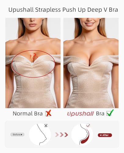 Image of Upushall Strapless Bra Push Up Non Slip Deep V Plunge Bras for Women | Underwire, Super Padded, Add 1 Cup
