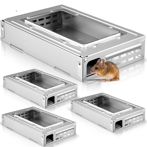 Mysora 4 Packs Multi Catch Rat Trap Clear Top Mice Trap Rodent Humanized Mouse Traps for Indoor Outdoor Rat Control Pet and Security (Silver)