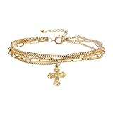 Kovonchy Ankle Bracelets for Women Cross Charm 18K Gold Plated Stainless Steel Waterproof Dainty Layered Beach Summer Anklet Jewelry