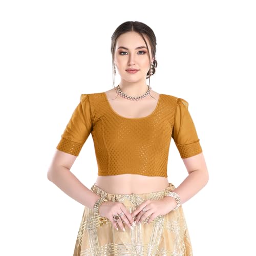 Image of FINESTFIT Stay On Trend Fashion 100% Cotton Readymade Blouses for Women,Round Neckline with Organza Balloon Sleeves.