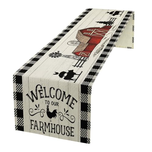 Camino de mesa rústico vintage de granja occidental, vaca, gallo, granero rojo, cabaña, casa de campo, camino de cena para el hogar, cocina, mesa de comedor, decoración de fiesta, 13 x 60 pulgadas