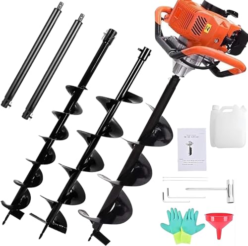Image of 85cc Post Hole Digger 2-Stroke Petrol Gas Powered Earth Digger with 3 Auger Bits (4 inch 8 inch 12 inch) + 2 Extension Bar (24 inch 24 inch) for Farm Garden Plant Fence and Planting
