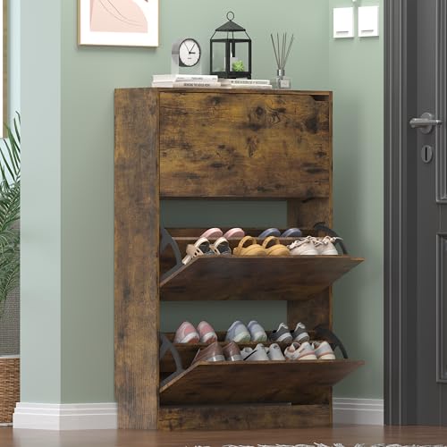 Image of Shoe Storage Cabinet for Entryway, Brown Shoe Cabinet with 3 Flip Drawers, Hidden Shoes Rack Freestanding Storage Organizer for Entryway,Closet, Living Room,Hallway 47.24 inchH x 31.50 inchW x 9.44 inchD