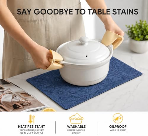 Image of Yelona Premium Faux Leather Placemat Set of 4 | Printed Floral Design, Waterproof & Heat Resistant Table Mat | Non-Slip, Washable for Dining, Kitchen & Home Decor (Dark Blue, 43 x 30 cm)