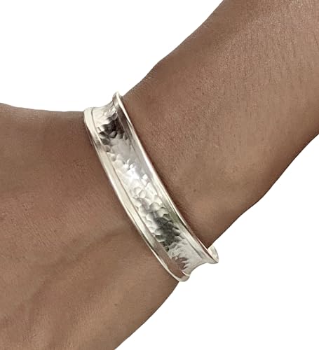 Hammered Sterling Silver Handmade 1/2 inches Wide Cuff Bracelet, Minimalist Shiny Silver Slight Concave and Framed Edges, Gift for Her