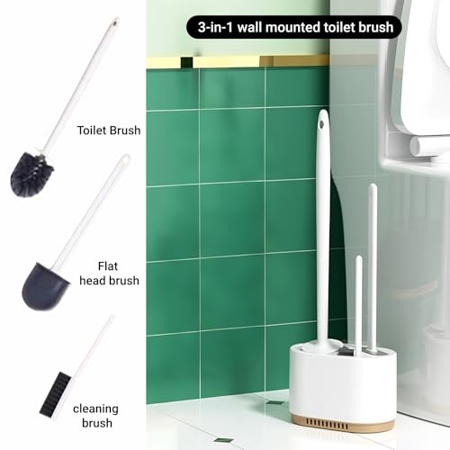 Image of Toilet Bowl Brush and Holder,3 in 1 Silicone Toilet Brush Toilet Cleaner Brush for Bathroom Cleaning White Bathroom Accessories Floor Standing or Wall Mounted Toilet Scrubber Brush
