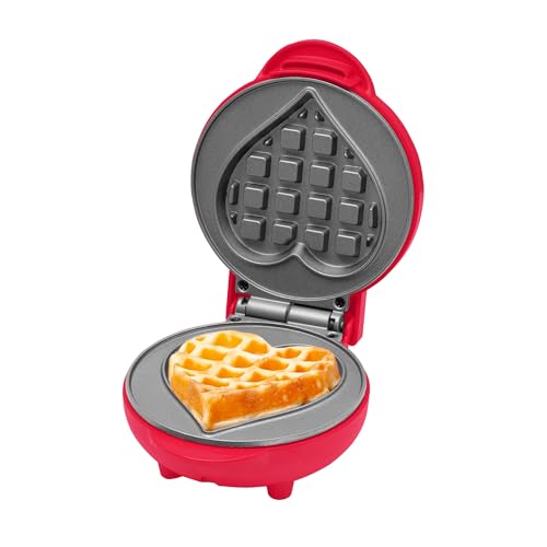 Innoteck Heart-Shaped Mini Waffle Maker 550W – Red Non-Stick Plates, Quick Heat, Cool-Touch Handle & PFOA-Free Design for Kids’ Breakfasts, Snacks & Desserts