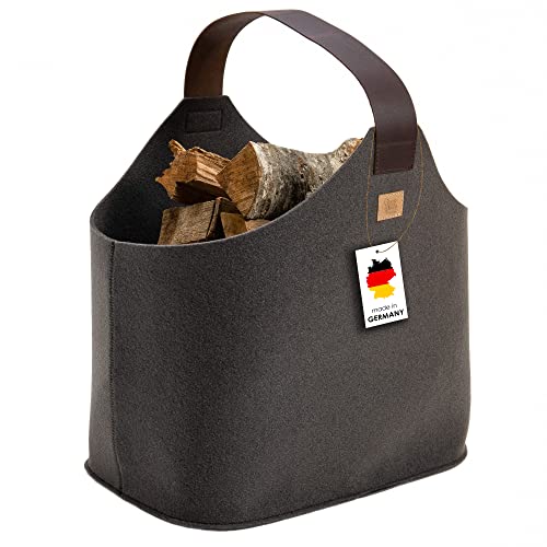 Filz Holzkorb für Kaminholz - Made in Germany - Kaminholzkorb aus Upcycling PET Filz - Lederboden und Echtleder Henkel - Filzkorb Kaminholz mit 2 Aufsatztaschen - easy and green® (Trüffelgrau) Cover