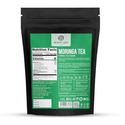 Image of Blendart, Moringa Tea Bags (50 Count) Non-GMO, Antioxidant Caffeine Free, Sugar Free Ingredients- Pure & Natural Moringa Leaves | Sweet and Light Leaf Herbal Tea Bags Organic Moringa Herbal Tea | Natural Wellness Tea | Loose Leaf Taste | For Women & Men Daily Use