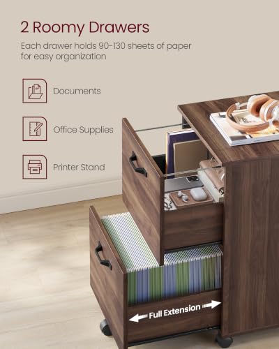 Image of VASAGLE Custos Collection - 2-Drawer File Cabinet for Home Office, Small Rolling File Cabinet, Printer Stand, for A4, Letter-Size Files, Hanging File Folders, Natural Walnut UOFC040K101S