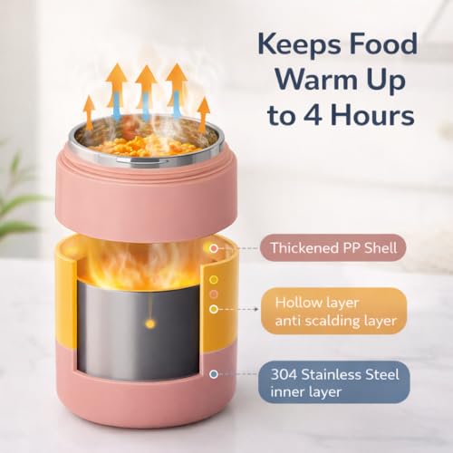 Image of Insulated Lunch Container Hot Food Jar - Leakproof 2-Tier Stackable Bento Box with Foldable Spoon - 780ml Pink Stainless Steel Thermal Food Flask