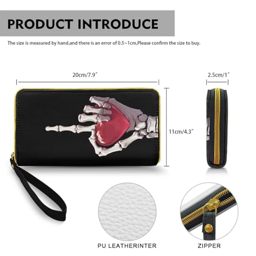 Skeleton Hand Women Zip Around Organizer Wallet, Hands Holding Heart Print Long Zipper PU Clutch Black Long Purse Wallet for Credit Card4