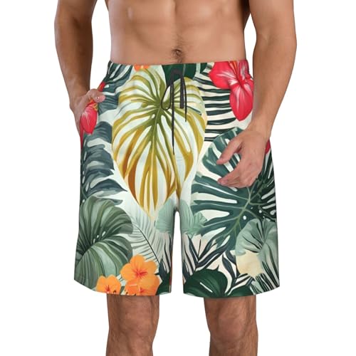 Leaves with Hibiscus Print Stylish Beach Shorts Swim Trunks Lightweight Breathable Summer Outdoor Activities