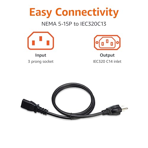 Image of Amazon Basics PC Power Cord, 3 Feet, 3 Prong AC Power Cord for Monitor, Computer, TV, 18 AWG, 125 Volts, Black