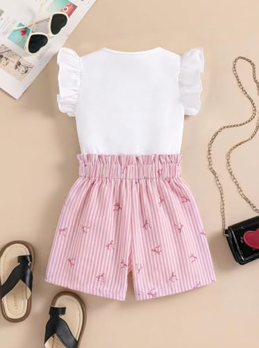 Image of Girls 2 Piece Outfits Summer Ruffle Sleeve Top and High Waisted Striped Shorts Set for Girls 7-14
