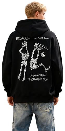 ISMT TZ TM Oversized Unisex Graphic Hoodie, Streetwear Skeleton Print Sweatshirt with Drawstring Hood & Kangaroo Pocket (Black,X-Large)