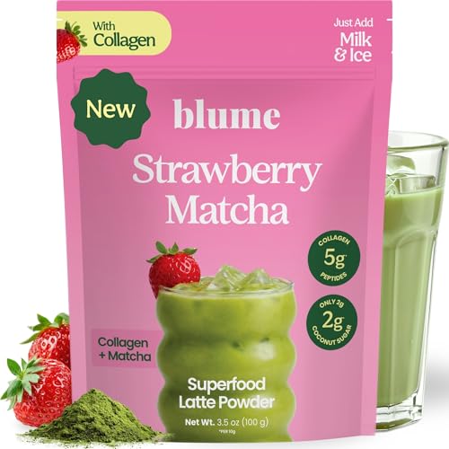 NEW Blume Iced Strawberry Matcha Latte with Collagen, Organic, 10 Servings