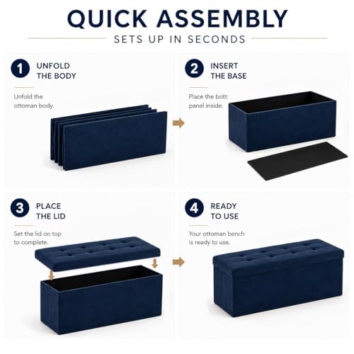 Image of ALASDO 43 Inch Folding Storage Ottoman Bench with Hidden Storage, Velvet Storage Ottoman Foot Rest Stool, End of Bed Bench for Bedroom, Living Room, Entryway and Closet, Navy Blue