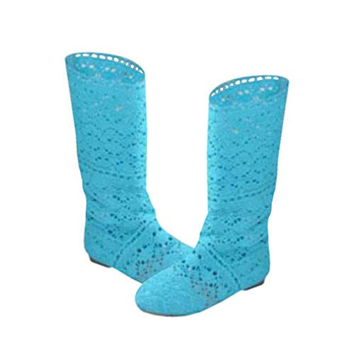 Juleya Femme Été Bottes Plate Chaussures Élégant Respirant Gladiateur Broderie Slip-On Chaussures Mode Engrener Haute Bottes Bleu 38