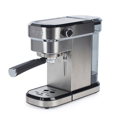 Cafetera Espresso Salter con espumador de leche y jarra – Café solo o doble, bomba italiana de 20 bares de presión, compatible con café molido, depósito de agua de 1.1L, acero inoxidable, 1350W