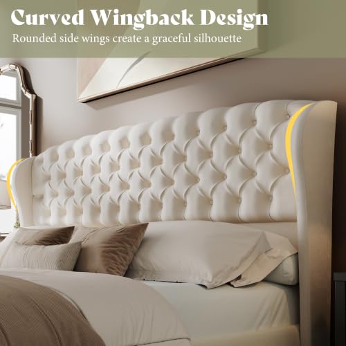 Image of AMERLIFE Full /Queen Headboard Only, Velvet Upholstered Wingback, Cream