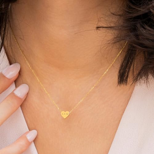 Personalized Engraved Heart Necklace, 925 Solid Sterling Silver, Memorable Date Pendant, Heart-Shaped Initial Jewelry, Date Engraved Heart Keepsake, 14K Gold-Plated, Customizable Gift for Women3