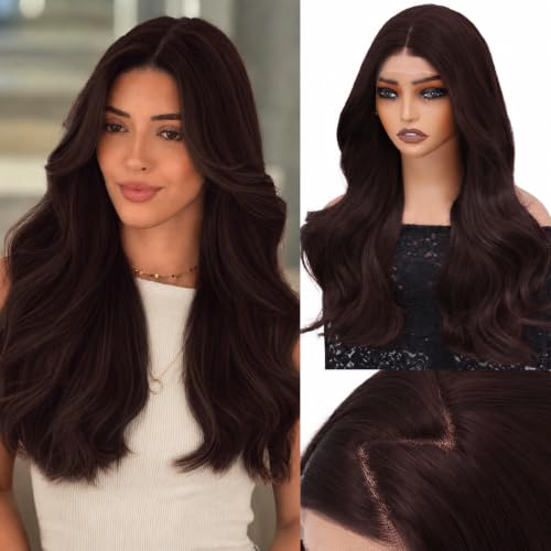 WECAN Reddish Brown 13x4 Synthetic Lace Front Wig, 22 Inch Natural Hairline