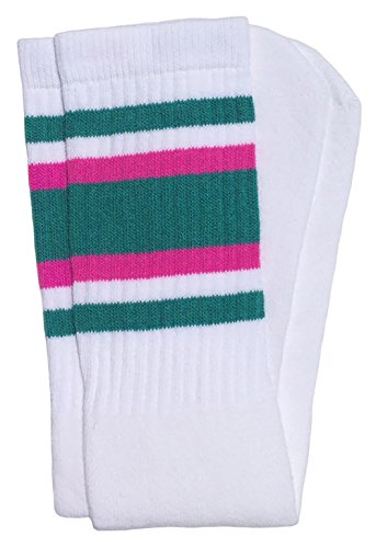 SKATERSOCKS 22' Knee high White tube socks with Teal-Hot Pink stripes style 4