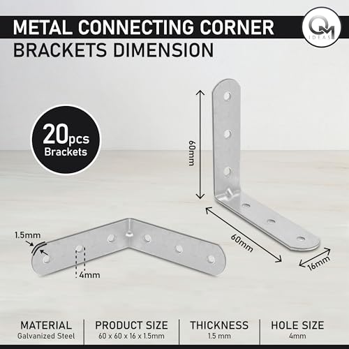 OMIDEAS 20 x Winkelverbinder (60 x 60 x 16) Winkel L Klammern Eckwinkel 90 Grad Lochwinkel Bauwinkel Holzverbinder Metallwinkel Möbel Stuhl Verbinder Verzinkt