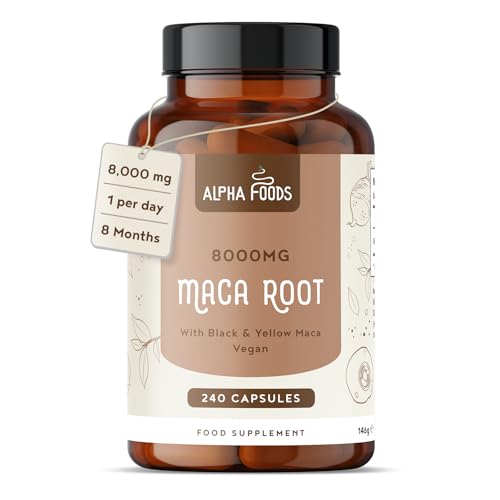 High Strength Maca Root Capsules 8000mg | 240 Vegan Capsules | Peruvian Black & Yellow Maca | for an Active and Balanced Lifestyle | 8-Month Supply | Alpha Foods
