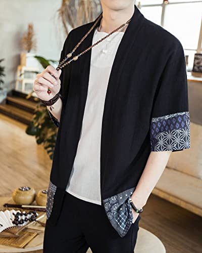 Image of Men's Japanese Kimono Cardigan Loose Cotton Linen 3 /4 Sleeve Open Front Casual Summer Shirt Jackets