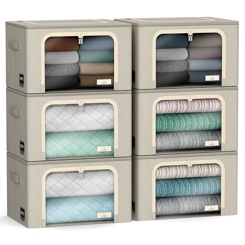 Sorbus Clothes Storage Bins with Metal Frame, Clear Window (6 Pack, Beige)