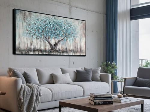 Image of Arjun Framed Blue Tree Canvas Wall Art for Living Room Tree of Life Abstract Bedroom Textured Painting, Nature Picture Landscape Artwork Home Office Decor, Black Wood Large 40 inchx20 inch